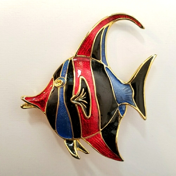 Relisted -Angel fish enamel brooch pin red blue black gold - Picture 2 of 8
